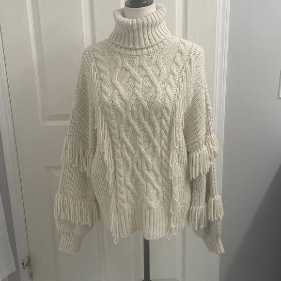 River Island Fringe Cable Knit Turtleneck Sweater in Cream Sz M - Picture 1 of 12